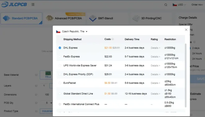JLCPCB snižuje poštovné.