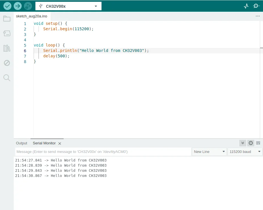 Test code, sending a message through Serial