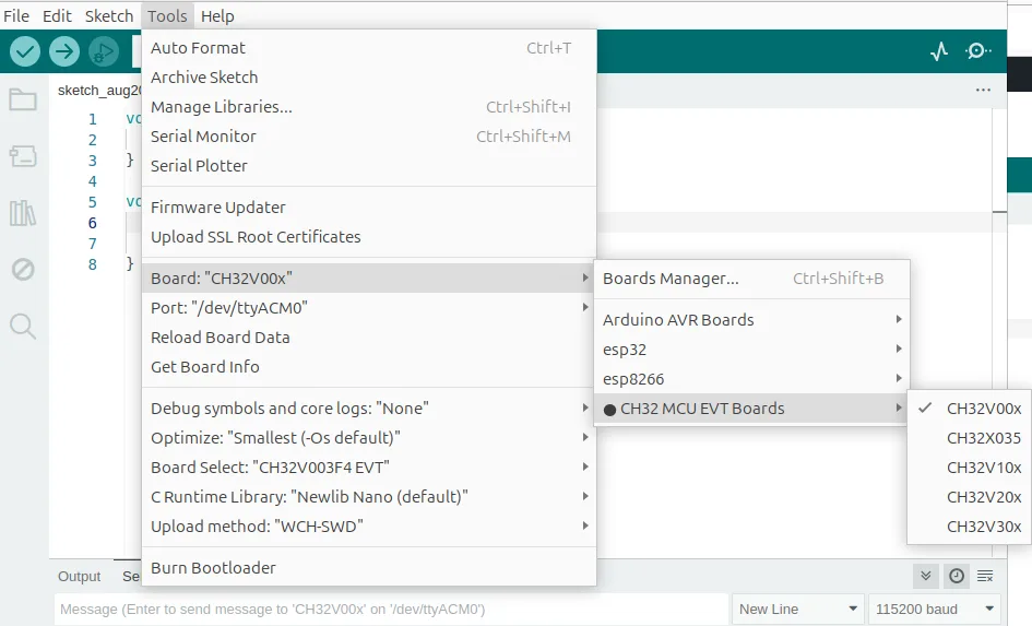 Board Manager in Arduino IDE with CH32V00x