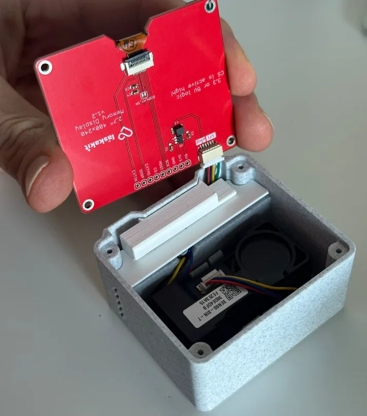 Assembly of parts into the 3D printed box - cover between ESPwled and SEN66