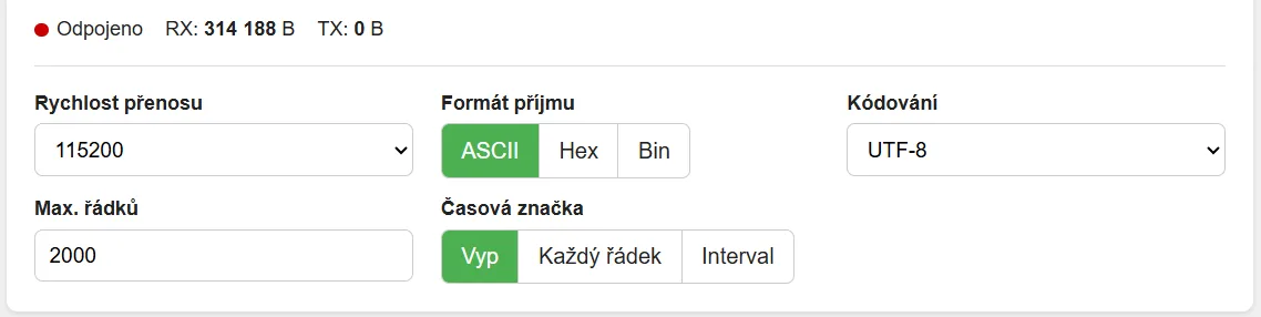 Baud rate, line limit, receive format, timestamp and encoding settings