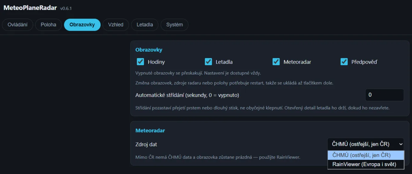 Screen visibility and meteoradar data source settings