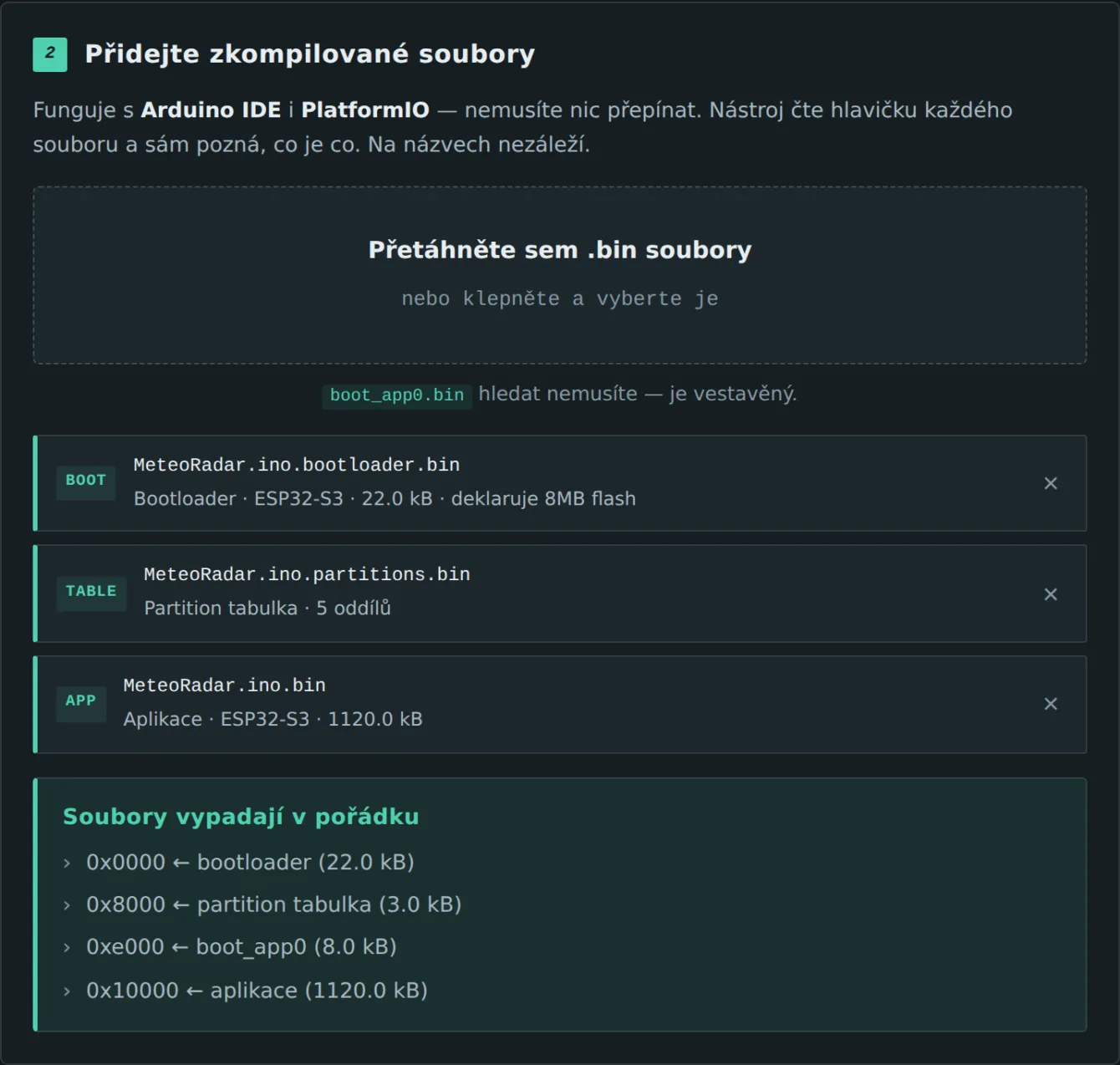 Second step of ESP32 Web Flasher with three uploaded .bin files labelled as bootloader, partition table and application, and the planned write offsets 0x0, 0x8000, 0xe000 and 0x10000
