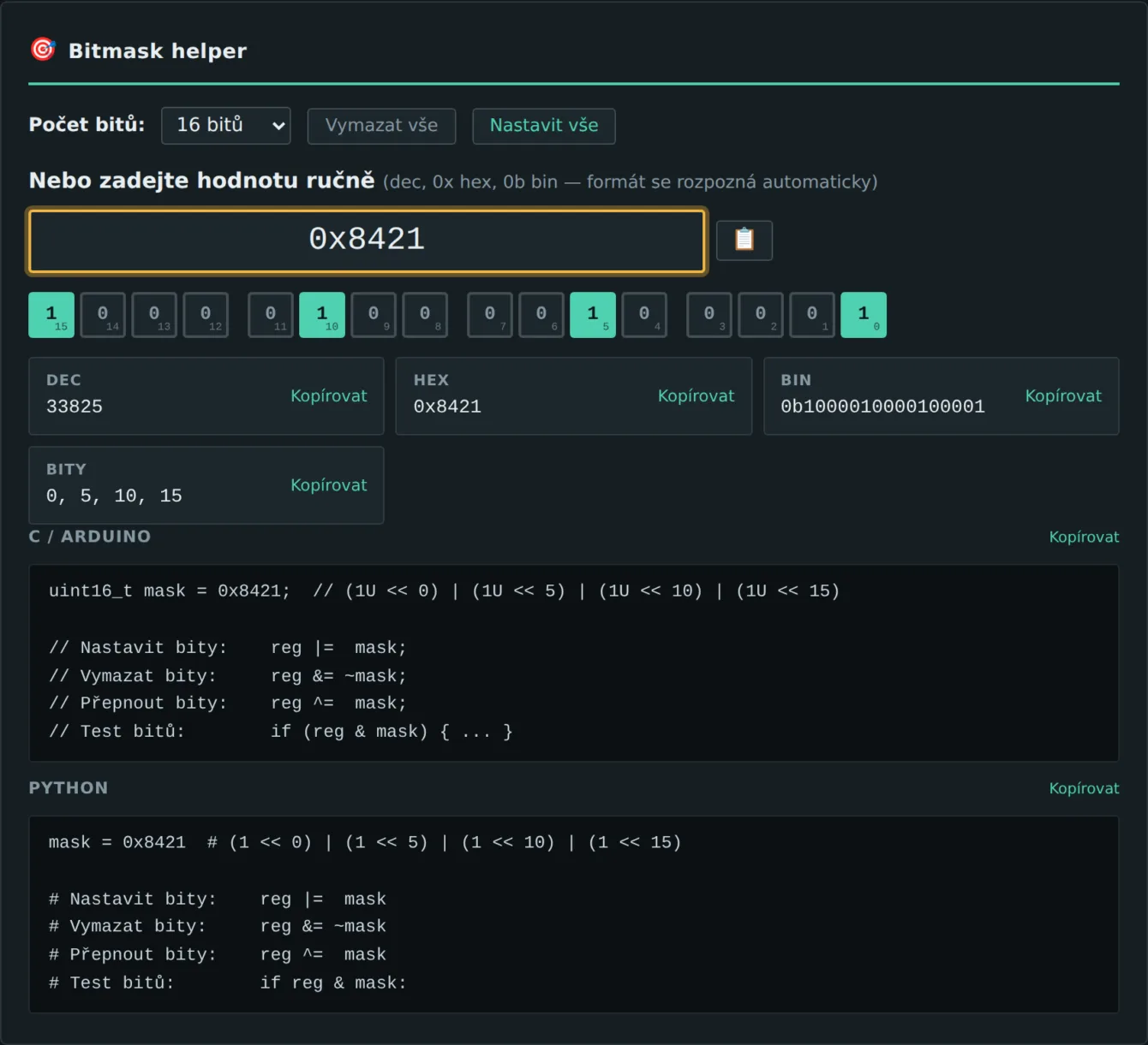 Bitmask helper showing value 0x8421, sixteen bit cells with four bits set, and generated C and Python code