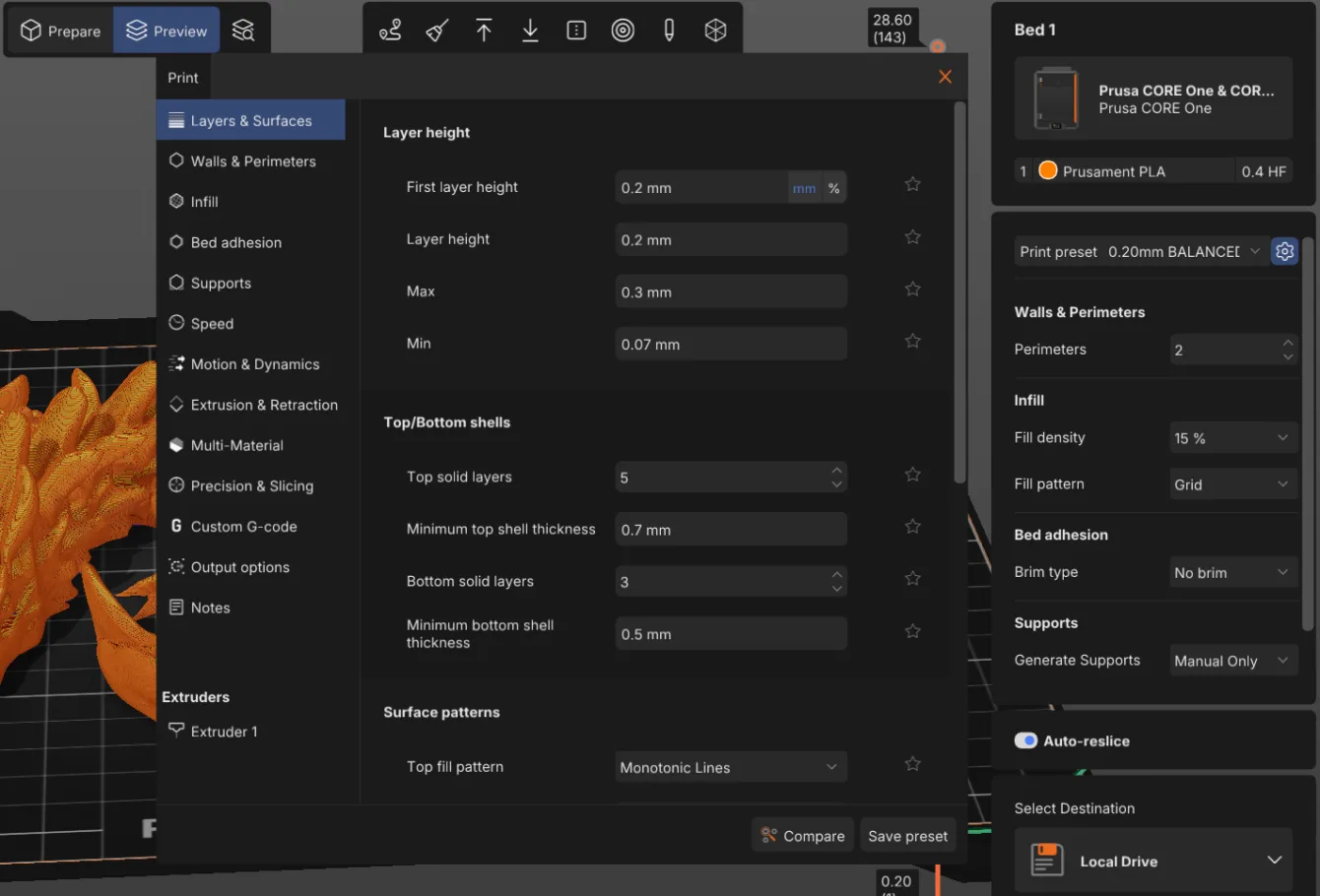3D print profile settings with parameter priority options