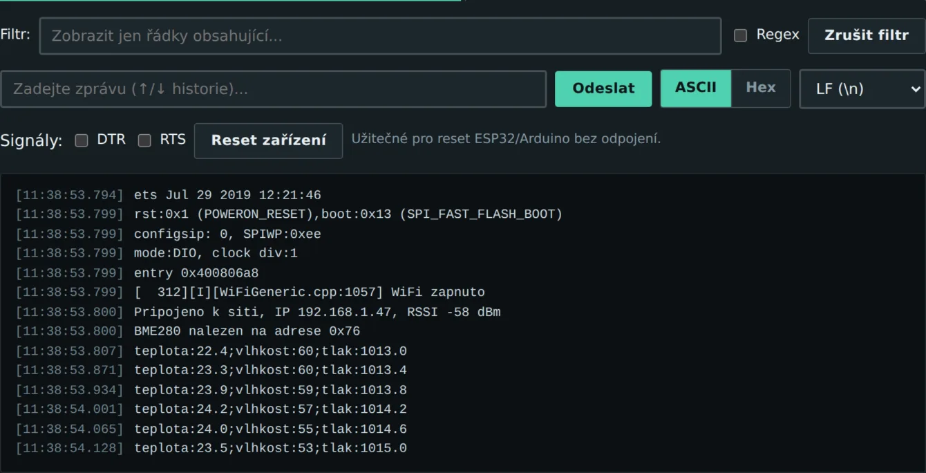 Serial Monitor window showing an ESP32 boot log, timestamps at the start of each line, and a field for sending commands