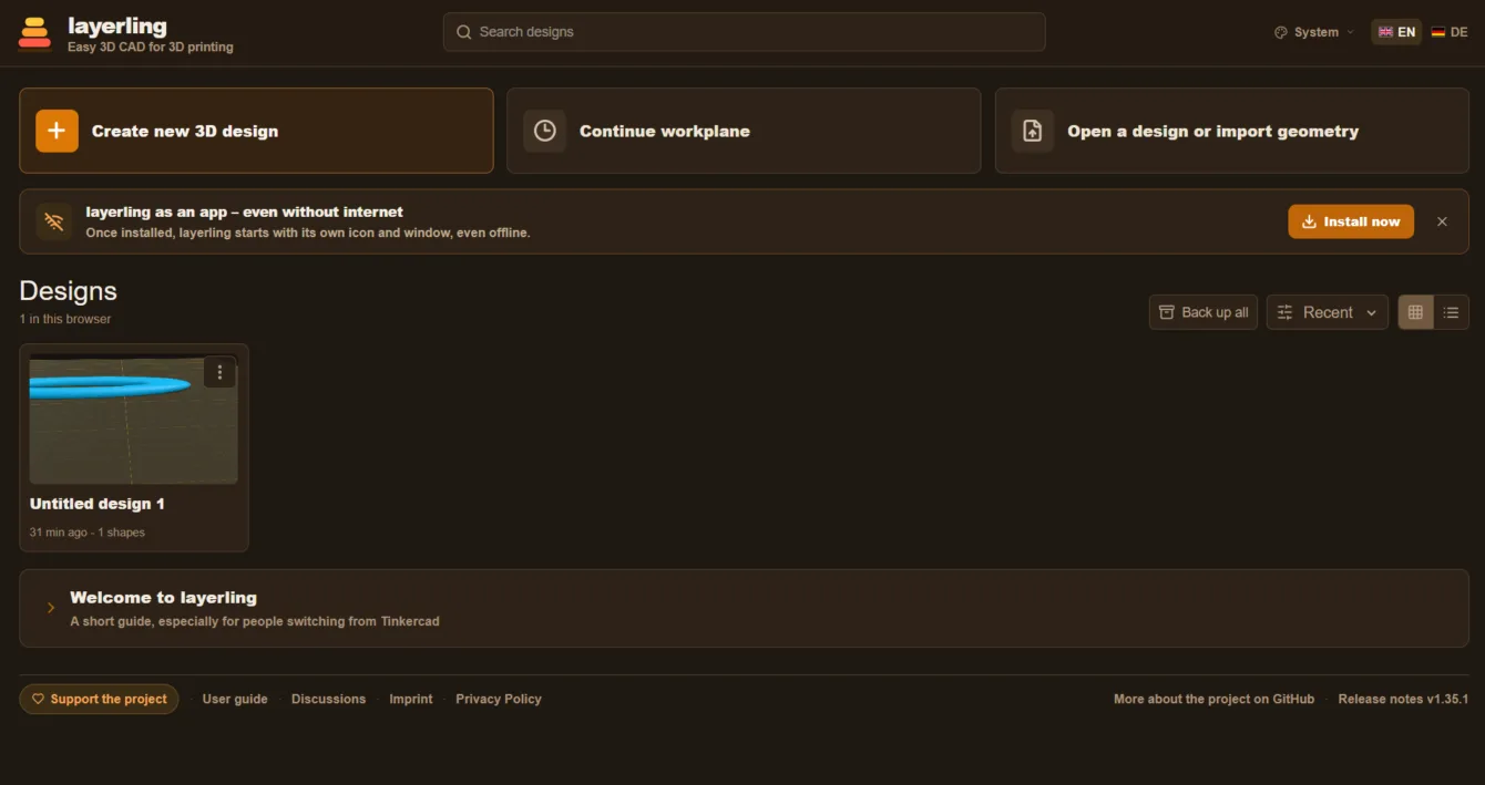 Layerling home screen showing a list of designs in progress