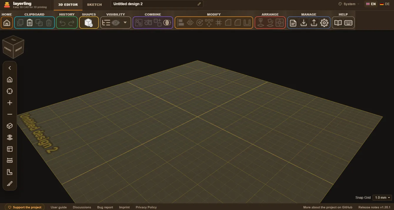 Layerling modeling workspace with a build plate and shape library